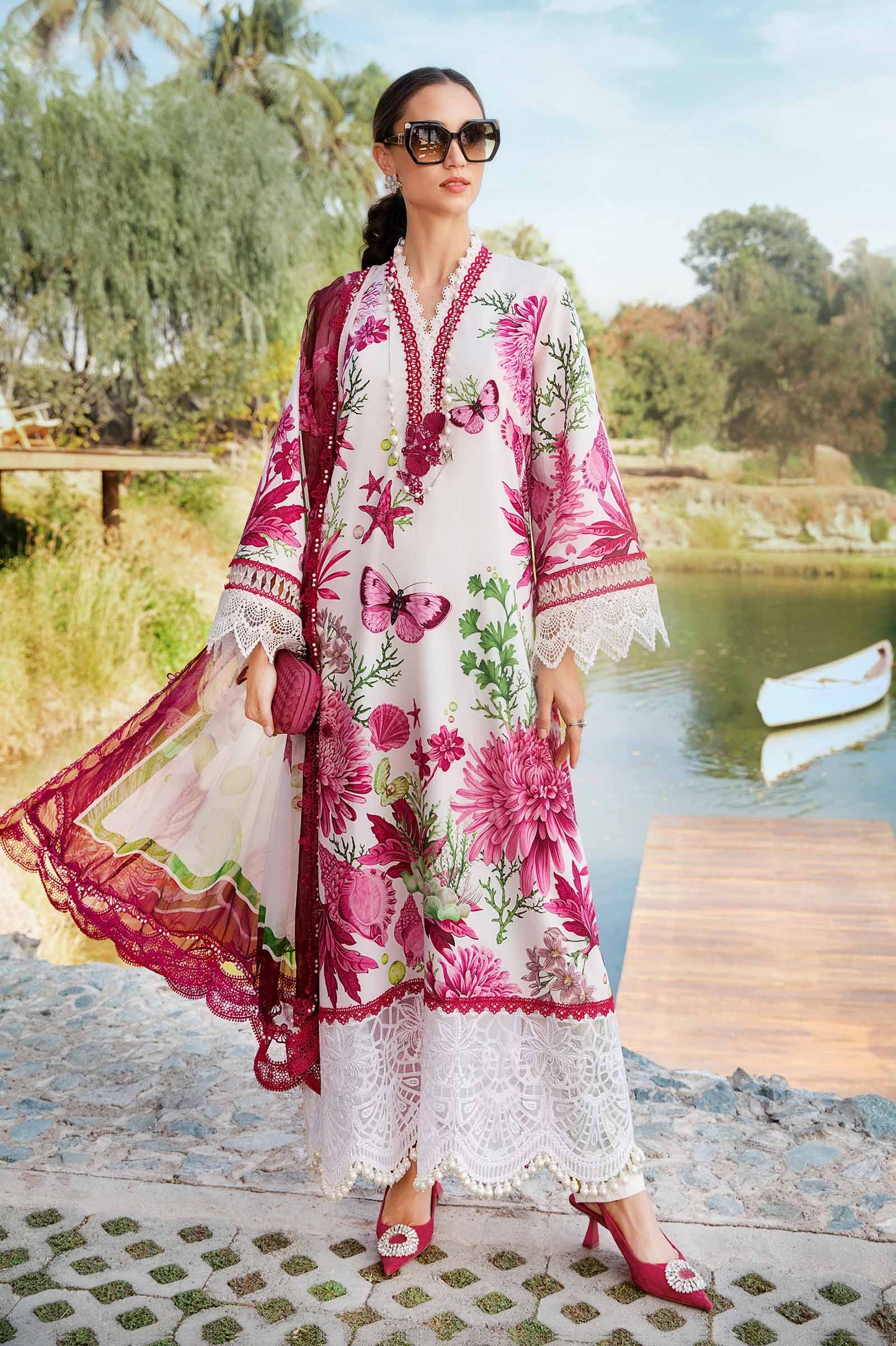 3 Piece Unstitched Printed Lawn Suit – White & Pink Elegance