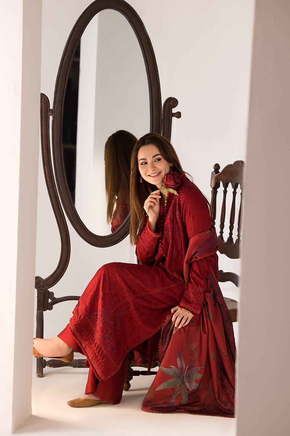 SOBIA NAZIR - 3PC DHANAK EMBROIDERED SHIRT WITH TWILL PRINTED SHAWL AND TROUSER-688