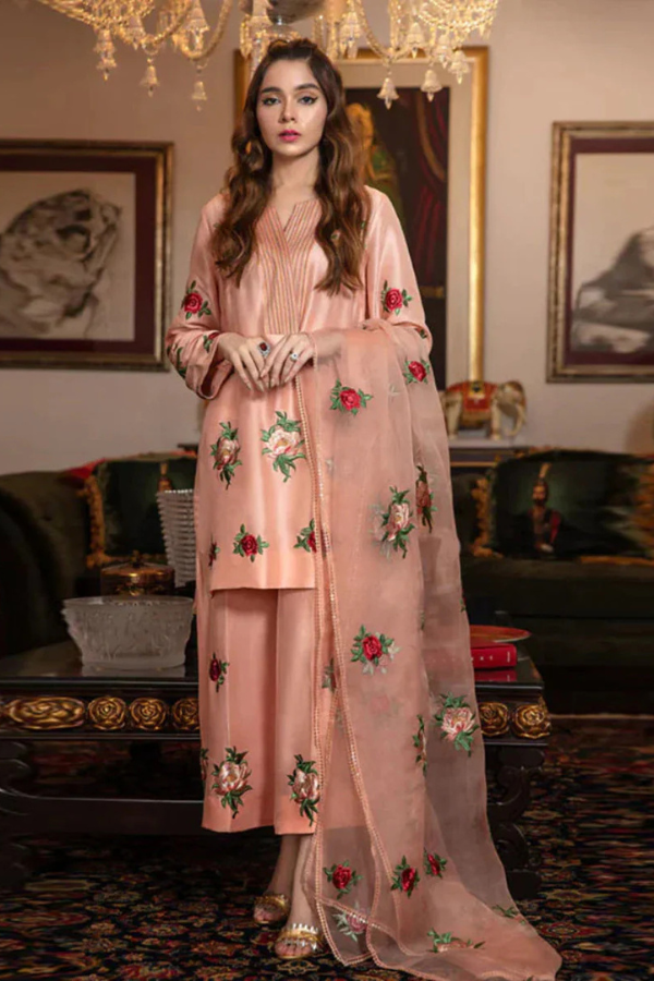 Silk 3PC Embroidered With Organza Embroidered Dupatta-1314