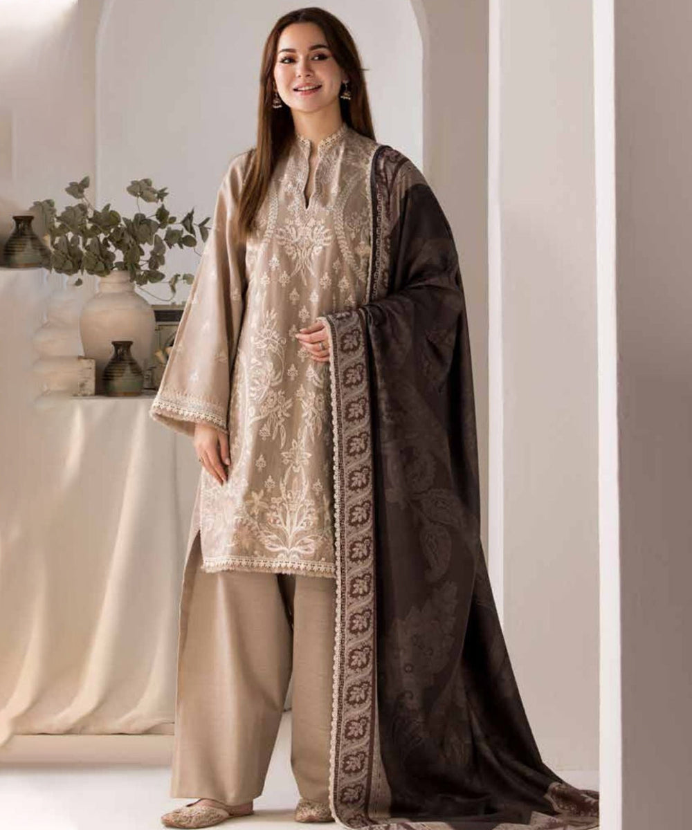 SOBIA NAZIR - 3PC DHANAK EMBROIDERED SHIRT WITH DIGITAL PRINTED SHAWL AND TROUSER-692