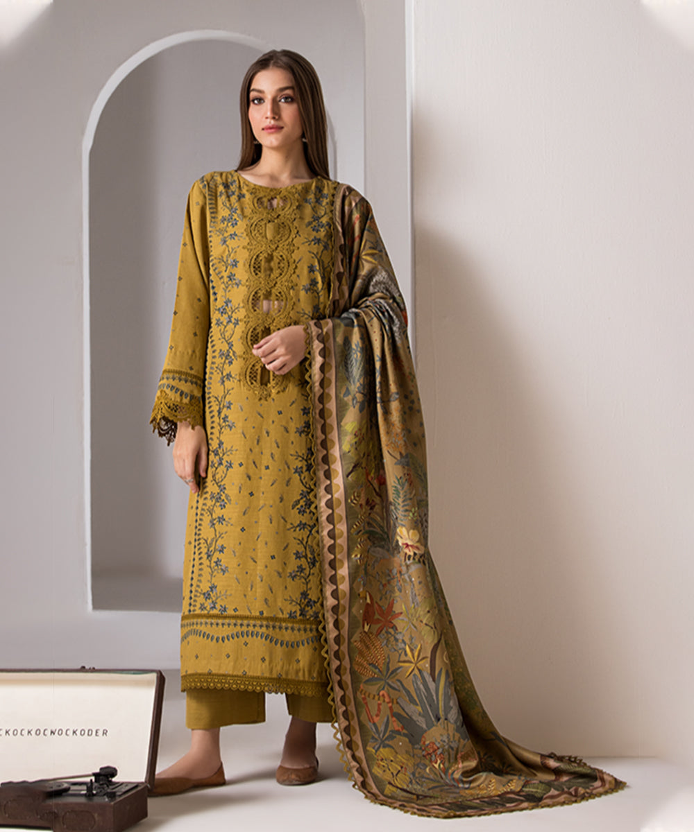 SOBIA NAZIR - 3PC DHANAK EMBROIDERED SHIRT WITH TWILL PRINTED SHAWL AND TROUSER-686