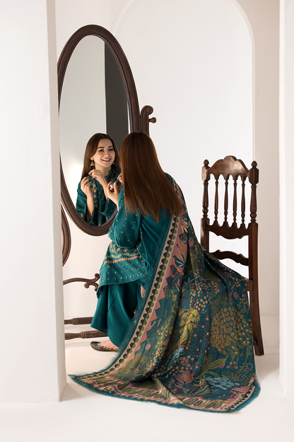 SOBIA NAZIR - 3PC DHANAK EMBROIDERED SHIRT WITH TWILL PRINTED SHAWL AND TROUSER-685