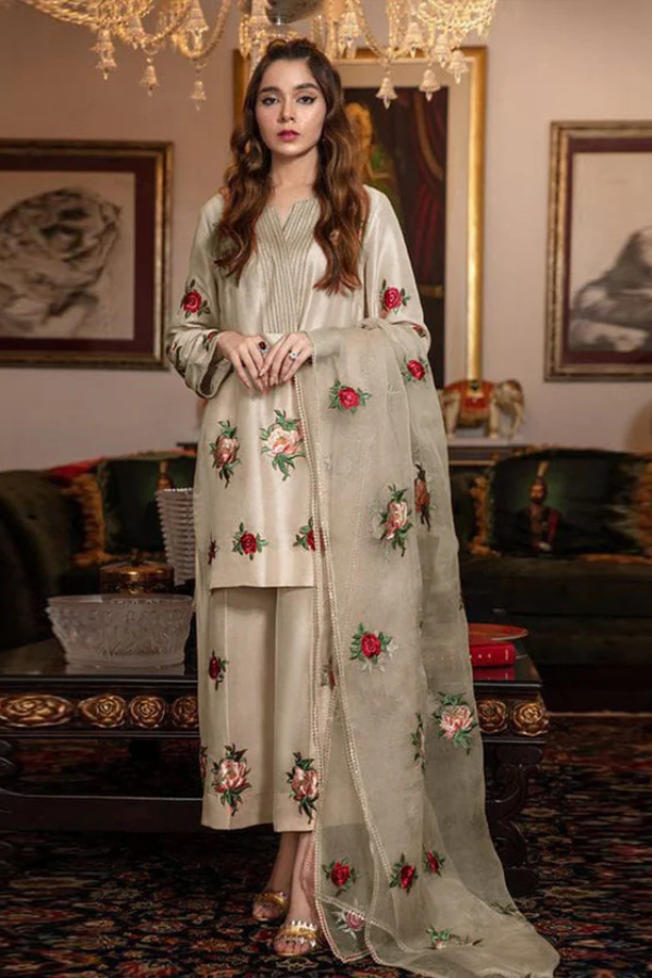 Silk 3PC Embroidered With Organza Embroidered Dupatta-1316