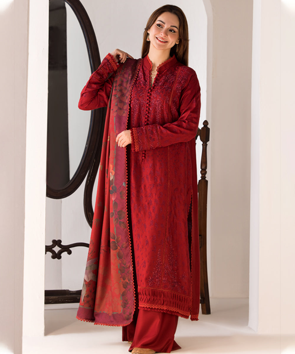 SOBIA NAZIR - 3PC DHANAK EMBROIDERED SHIRT WITH TWILL PRINTED SHAWL AND TROUSER-688