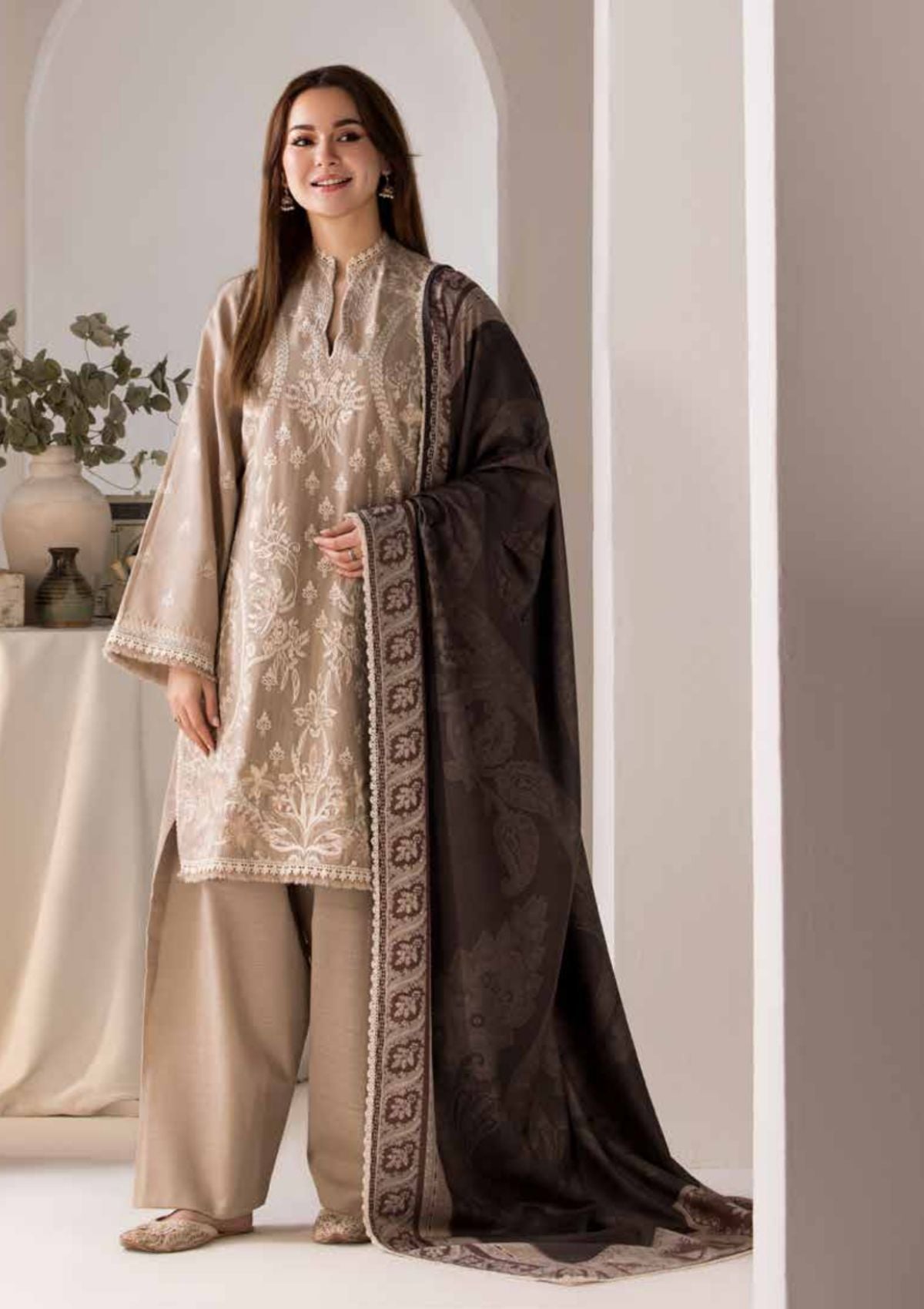 SOBIA NAZIR - 3PC DHANAK EMBROIDERED SHIRT WITH DIGITAL PRINTED SHAWL AND TROUSER-692