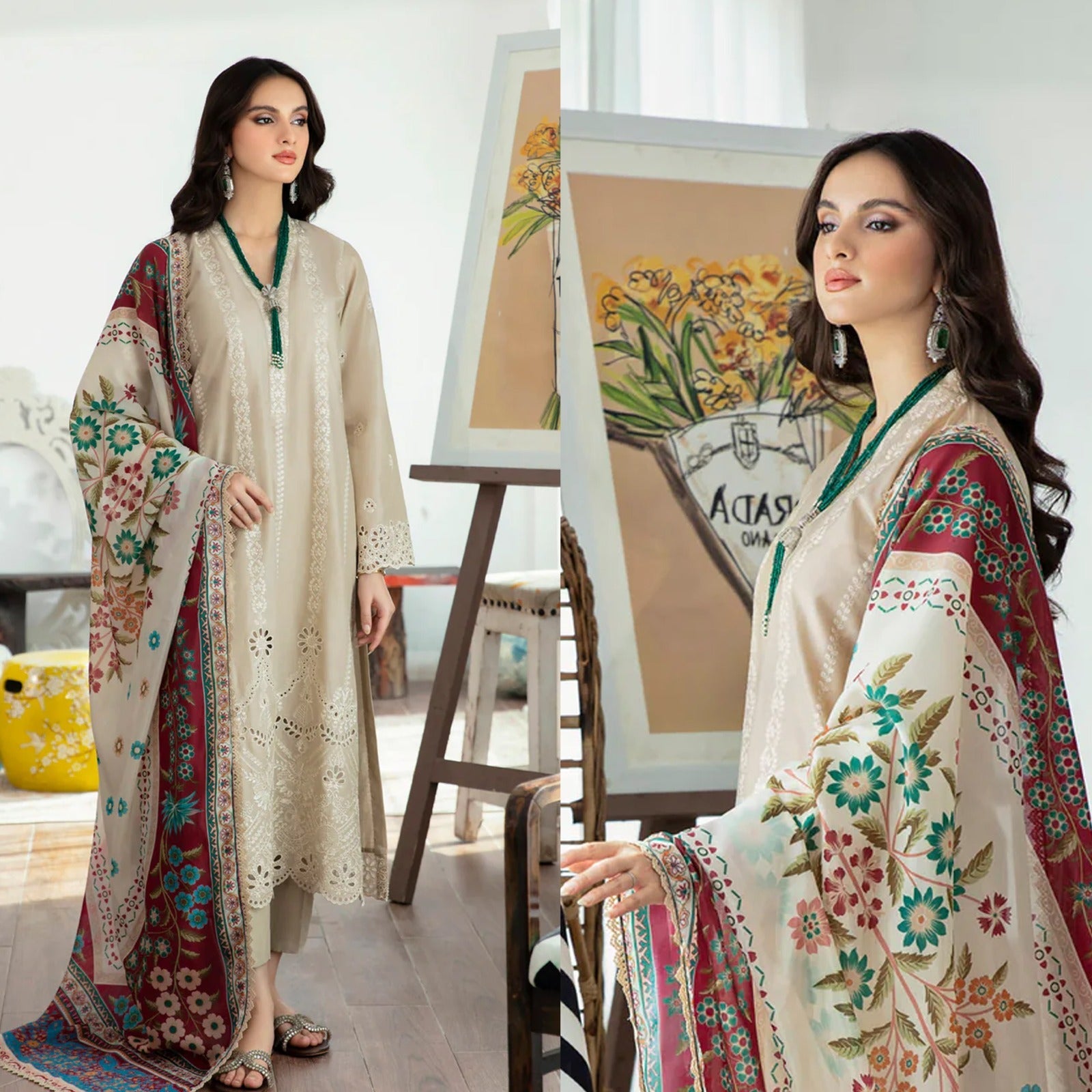 MARIA.B Lawn 3PC Chickenkari Embroidered Shirt With Digital Print Shawl-1044