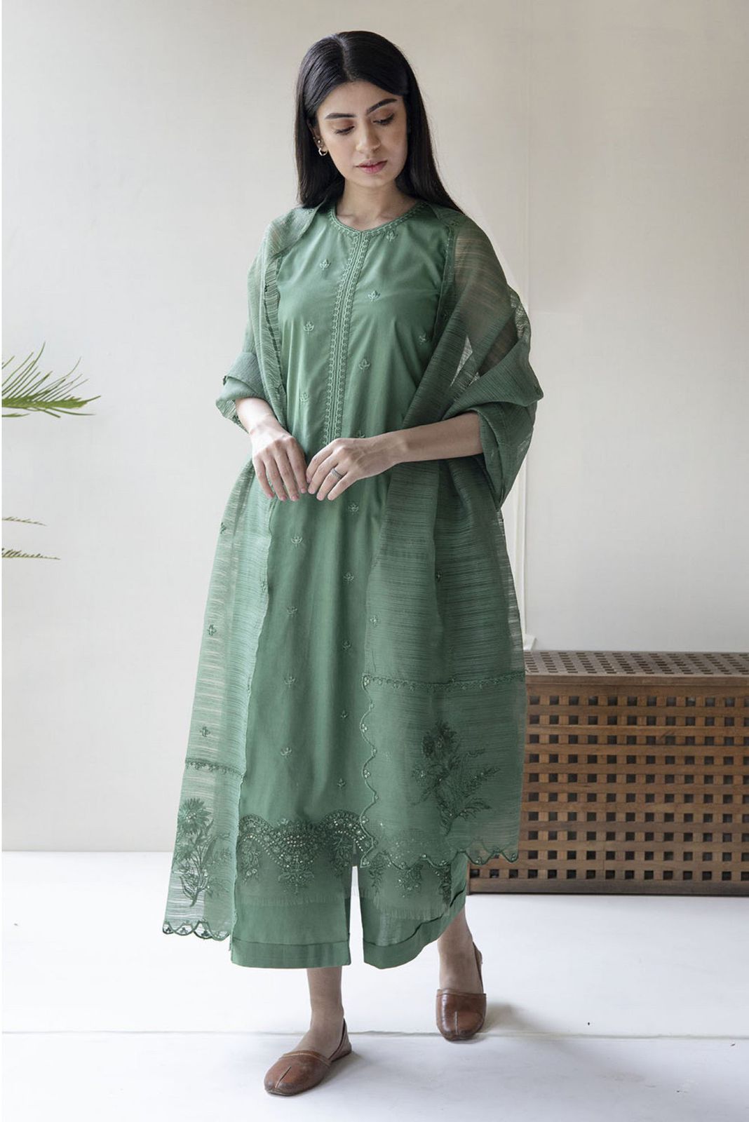 DYOT 3PC Lawn Embroidered Shirt With Organza Embroidered Dupatta- 1057