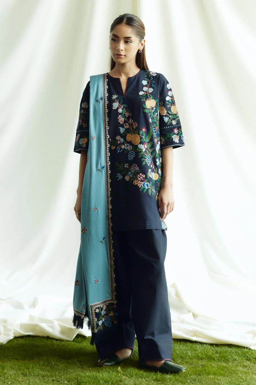 ZARA SHAHJAHAN 3PC Dhanak Embroidered Shirt With Digital Printed Shawl-281