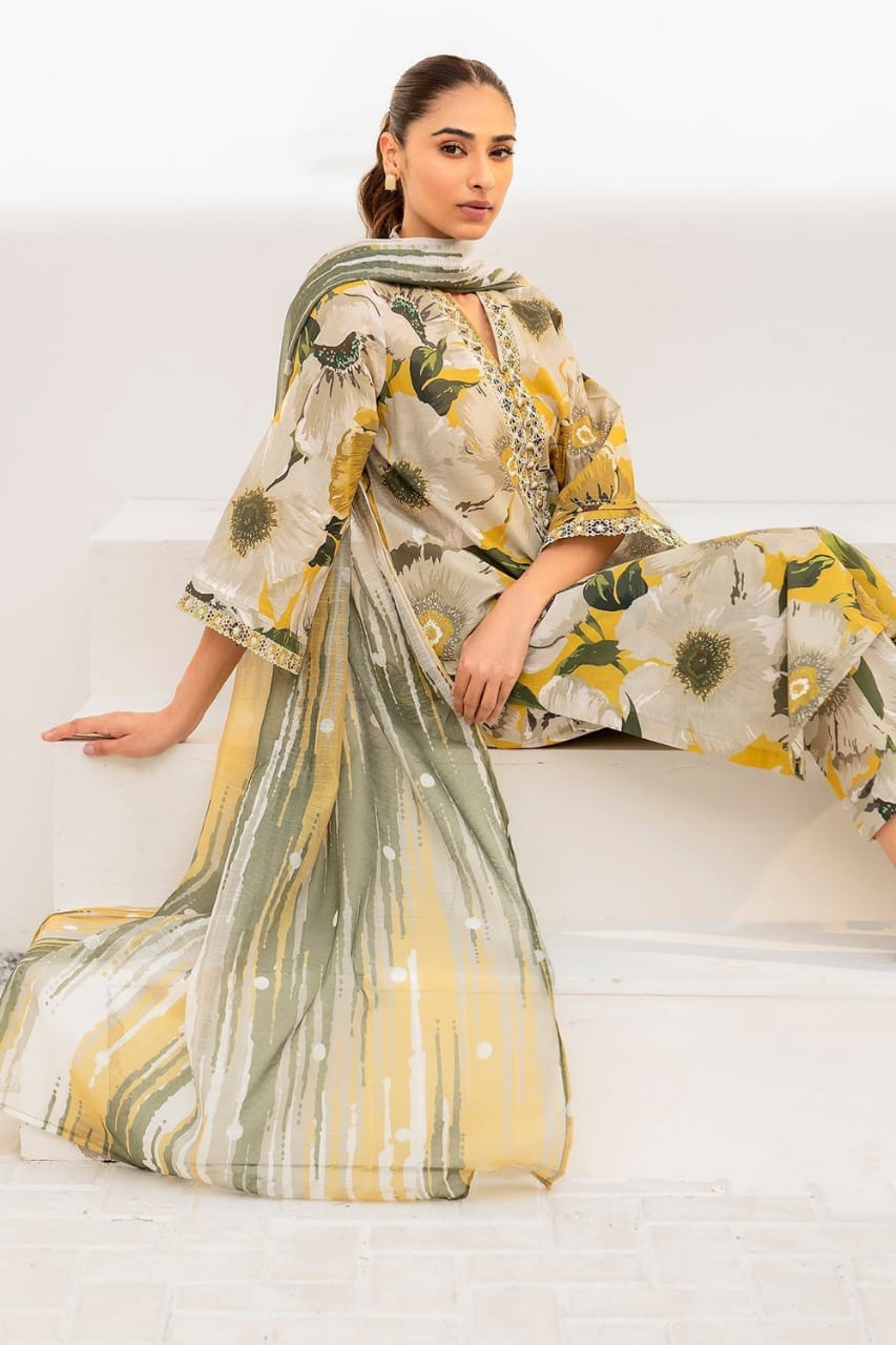 Maria.B - 3PC Lawn Shirt And Printed Dupatta With Patches
