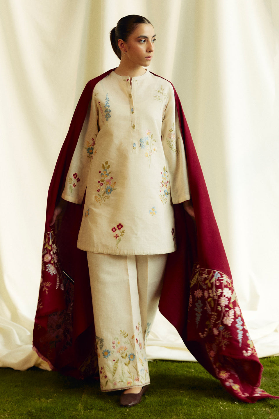 ZARA SHAHJAHAN 3PC Dhanak Embroidered Shirt With Embroidered Shawl-278