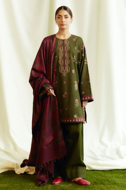 ZARA SHAHJAHAN 3PC Dhanak Embroidered Shirt With Digital Printed Shawl-273